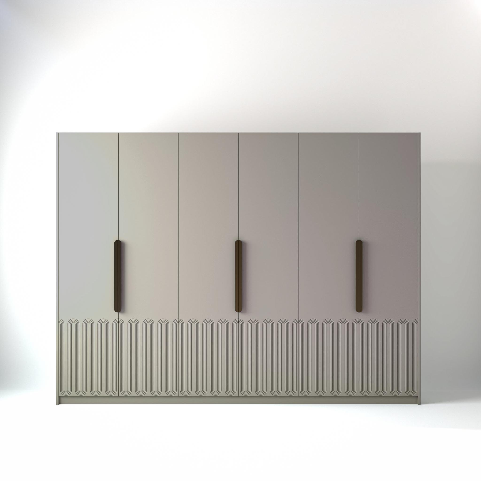 3 metre grey coloured freestanding wardrobe by On-Trend Wardrobes, with Geo Miami door design in a white studio setting