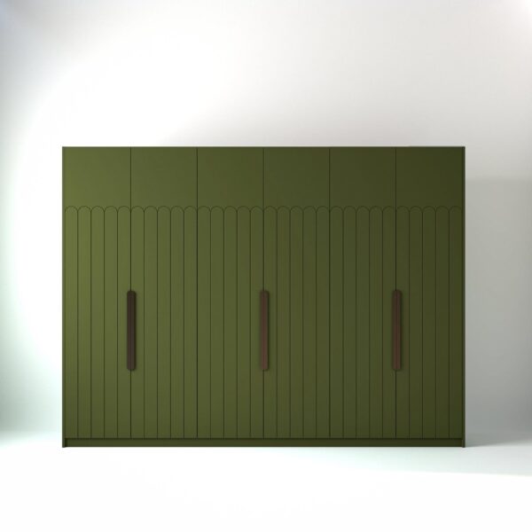 3 metre olive coloured freestanding wardrobe by On-Trend Wardrobes, with Geo Deco door design in a white studio setting