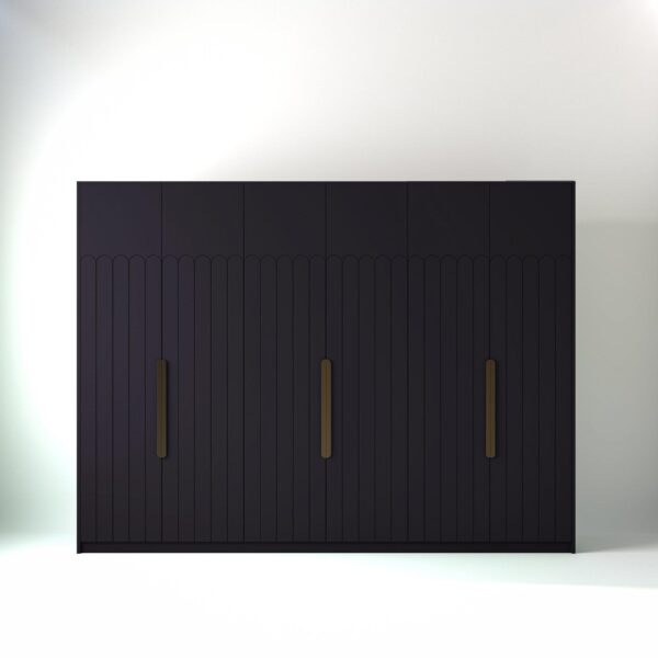 3 metre plum coloured freestanding wardrobe by On-Trend Wardrobes, with Geo Deco door design in a white studio setting