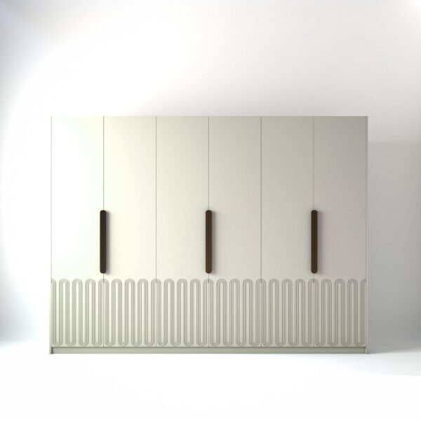 3 metre off-white coloured freestanding wardrobe by On-Trend Wardrobes, with Geo Miami door design in a white studio setting
