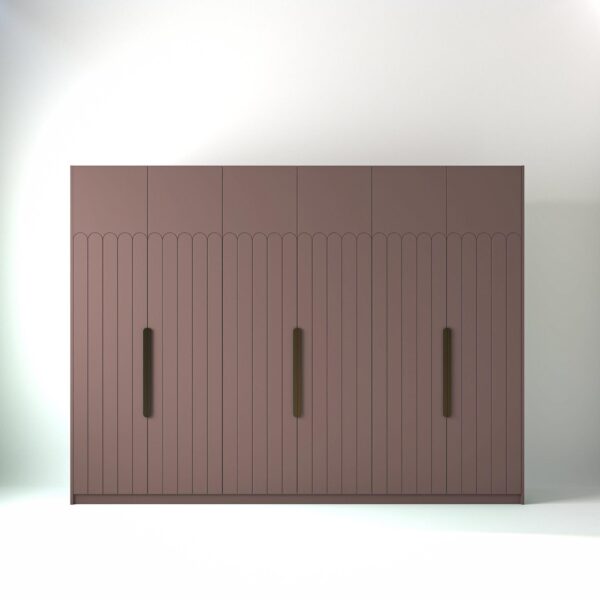 3 metre blush pink coloured freestanding wardrobe by On-Trend Wardrobes, with Geo Deco door design in a white studio setting