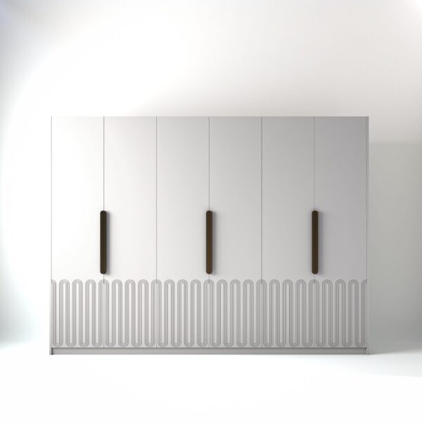 3 metre white coloured freestanding wardrobe by On-Trend Wardrobes, with Geo Miami door design in a white studio setting