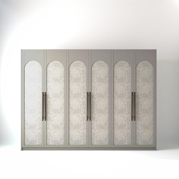 3 metre grey painted Freestanding wardrobe with Arched rustic Fabric door design on a white studio background