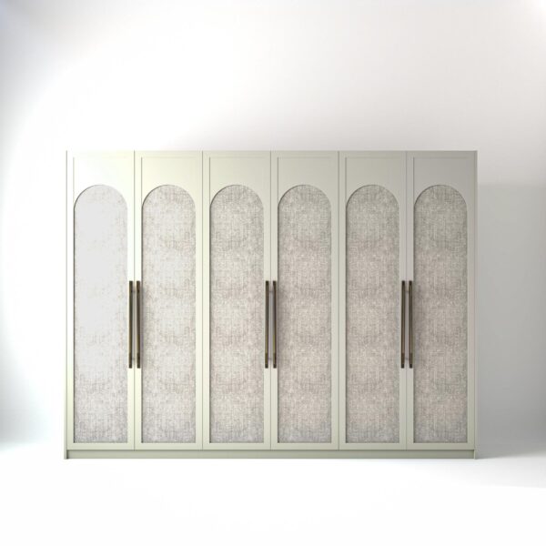 3 metre off-white painted Freestanding wardrobe with Arched rustic Fabric door design on a white studio background
