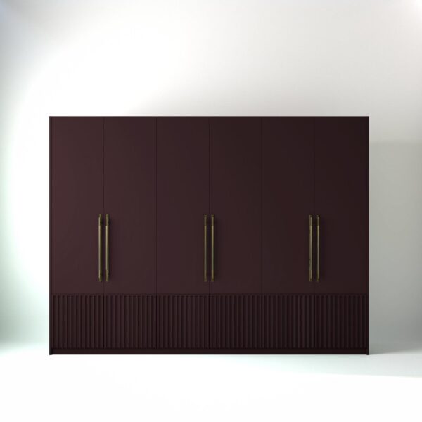 3 metre wine coloured freestanding wardrobe by On-Trend Wardrobes, with low ribbed door design in a white studio setting