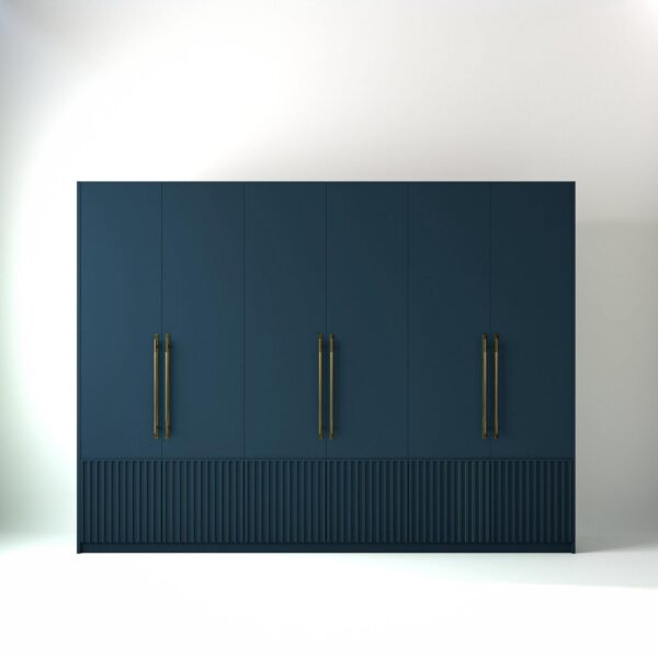 3 metre blue coloured freestanding wardrobe by On-Trend Wardrobes, with low ribbed door design in a white studio setting