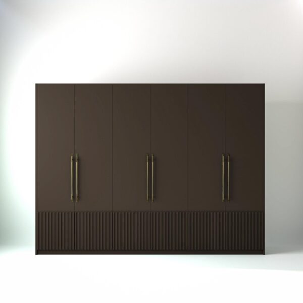 3 metre clay coloured freestanding wardrobe by On-Trend Wardrobes, with low ribbed door design in a white studio setting
