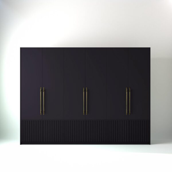 3 metre plum coloured freestanding wardrobe by On-Trend Wardrobes, with low ribbed door design in a white studio setting
