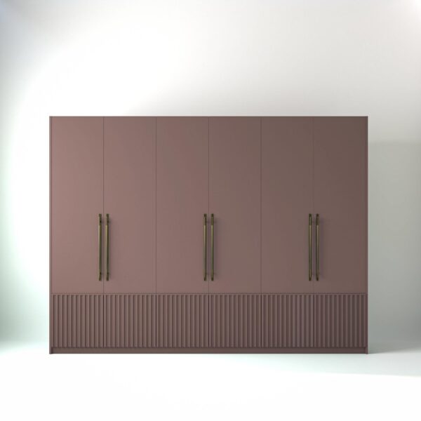 3 metre blush pink coloured freestanding wardrobe by On-Trend Wardrobes, with low ribbed door design in a white studio setting