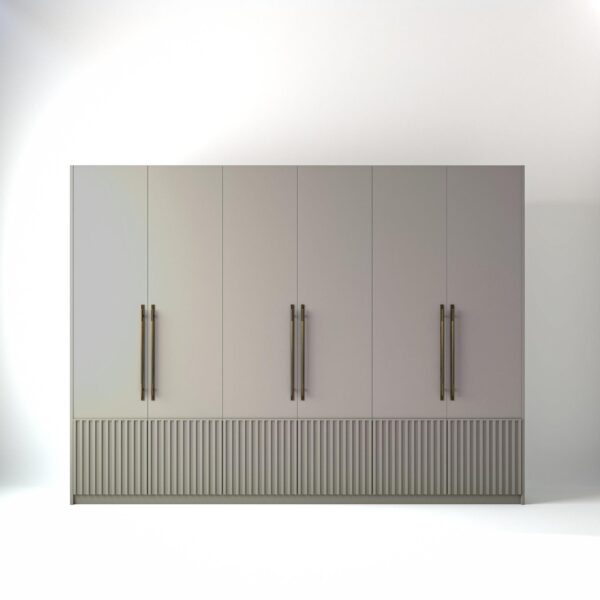 3 metre grey coloured freestanding wardrobe by On-Trend Wardrobes, with low ribbed door design in a white studio setting