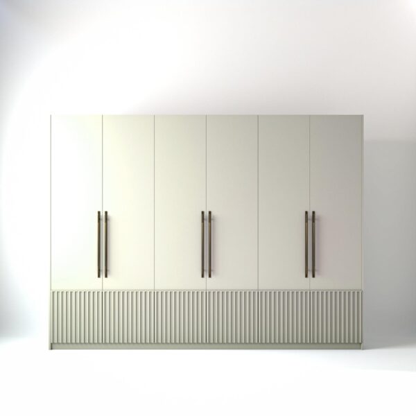 3 metre off-white coloured freestanding wardrobe by On-Trend Wardrobes, with low ribbed door design in a white studio setting