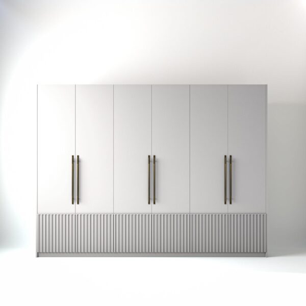 3 metre white coloured freestanding wardrobe by On-Trend Wardrobes, with low ribbed door design in a white studio setting