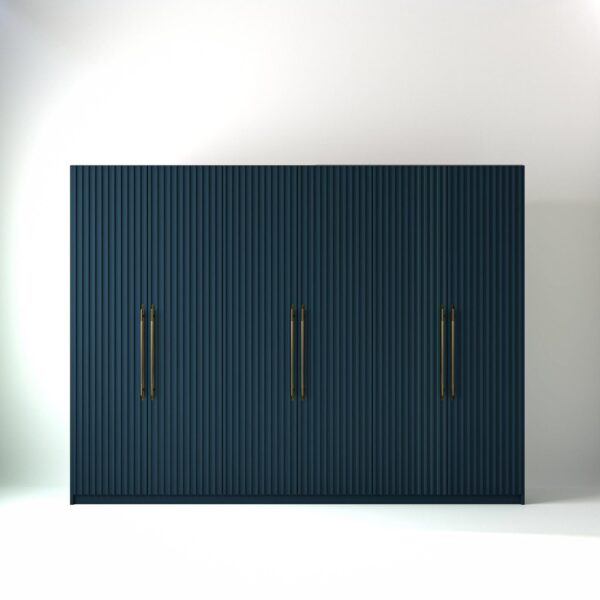 3 metre blue coloured freestanding wardrobe by On-Trend Wardrobes, with ribbed door design in a white studio setting