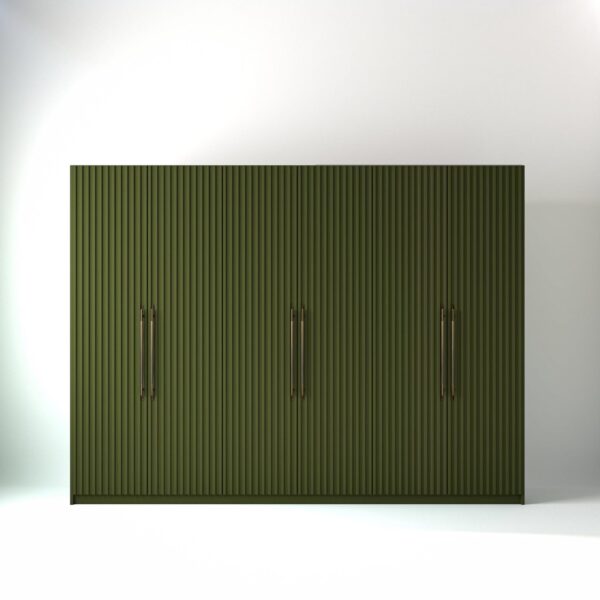 3 metre olive coloured freestanding wardrobe by On-Trend Wardrobes, with ribbed door design in a white studio setting
