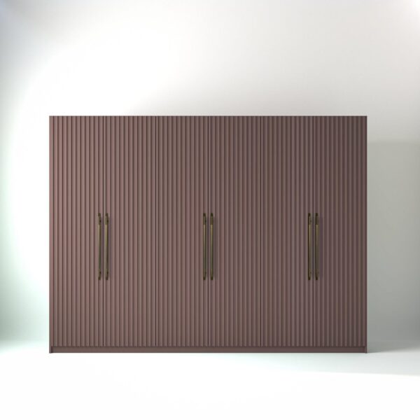 3 metre blush pink coloured freestanding wardrobe by On-Trend Wardrobes, with ribbed door design in a white studio setting