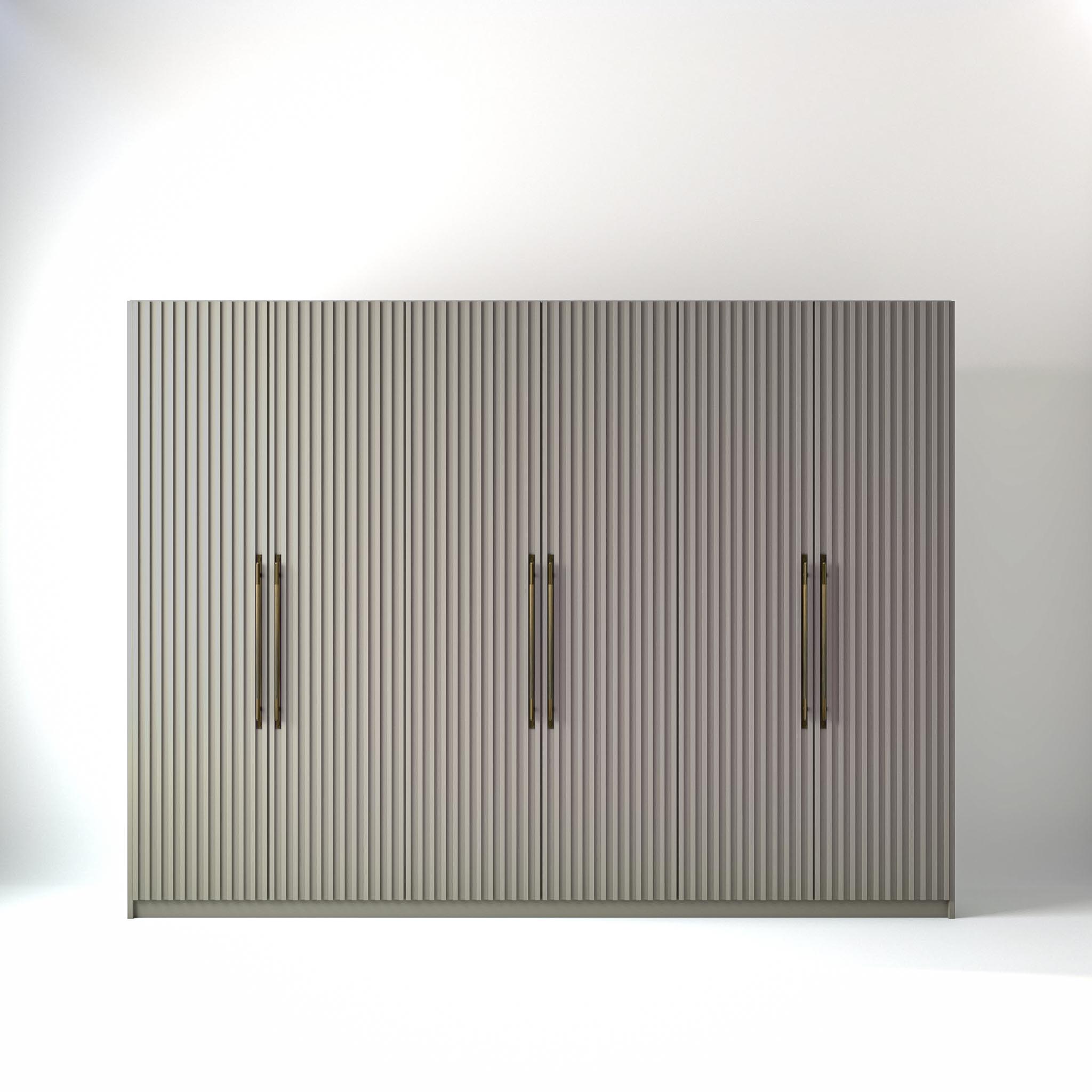 3 metre grey coloured freestanding wardrobe by On-Trend Wardrobes, with ribbed door design in a white studio setting
