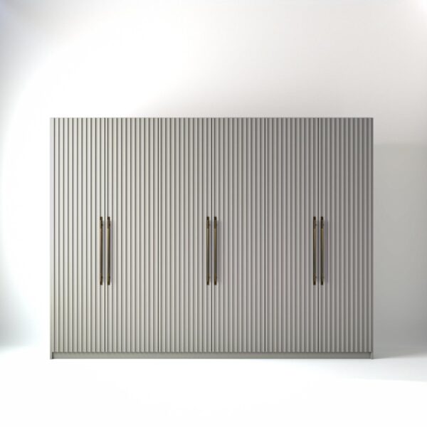 3 metre light grey coloured freestanding wardrobe by On-Trend Wardrobes, with ribbed door design in a white studio setting