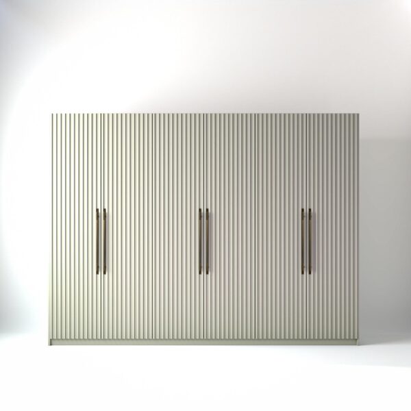 3 metre off-white coloured freestanding wardrobe by On-Trend Wardrobes, with ribbed door design in a white studio setting
