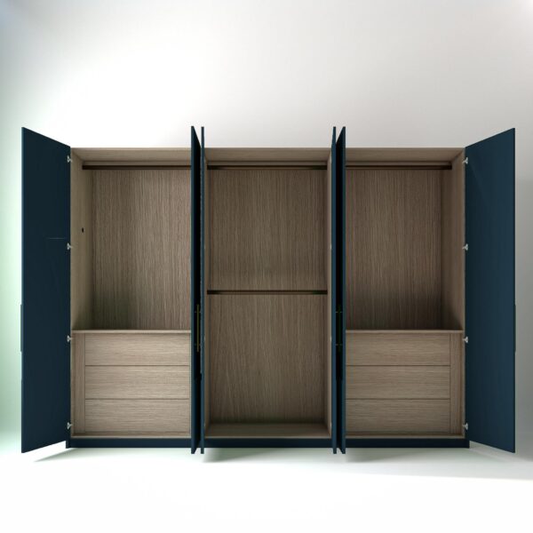 3 metre blue coloured freestanding wardrobe by On-Trend Wardrobes, all doors a open showing oak internals with a mix of hanging rails and drawer units