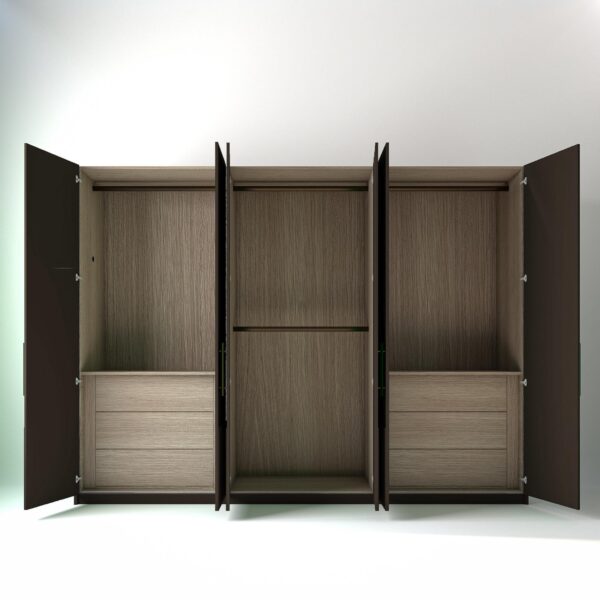 3 metre clay coloured freestanding wardrobe by On-Trend Wardrobes, all doors a open showing oak internals with a mix of hanging rails and drawer units