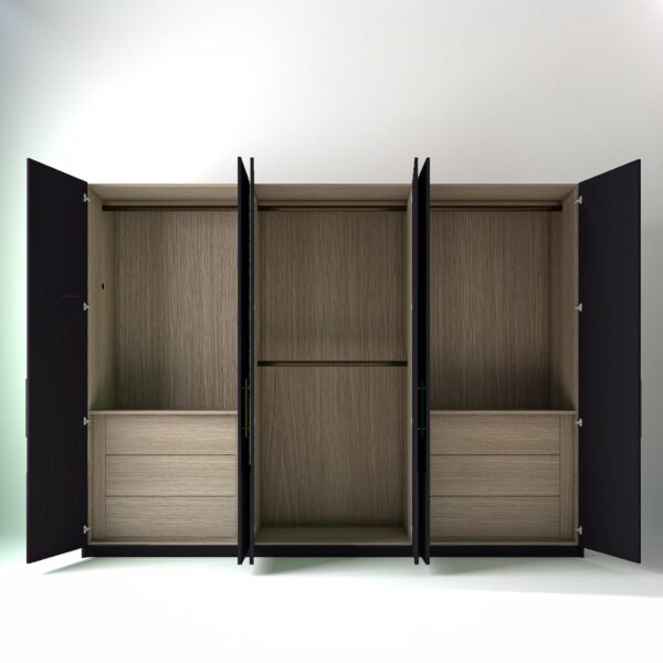 3 metre clay coloured freestanding wardrobe by On-Trend Wardrobes, all doors a open showing oak internals with a mix of hanging rails and drawer units