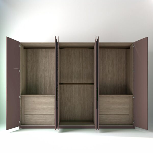 3 metre blush pink coloured freestanding wardrobe by On-Trend Wardrobes, all doors a open showing oak internals with a mix of hanging rails and drawer units