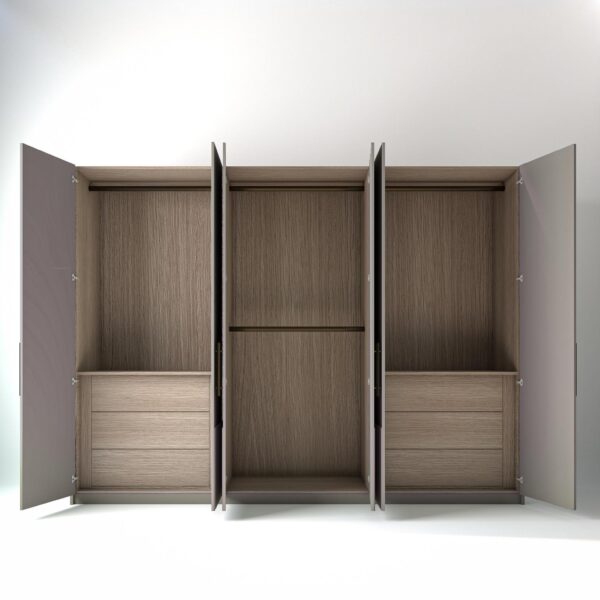 3 metre light grey coloured freestanding wardrobe by On-Trend Wardrobes, all doors a open showing oak internals with a mix of hanging rails and drawer units
