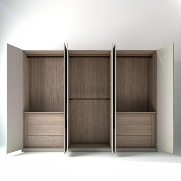 3 metre off-white coloured freestanding wardrobe by On-Trend Wardrobes, all doors a open showing oak internals with a mix of hanging rails and drawer units