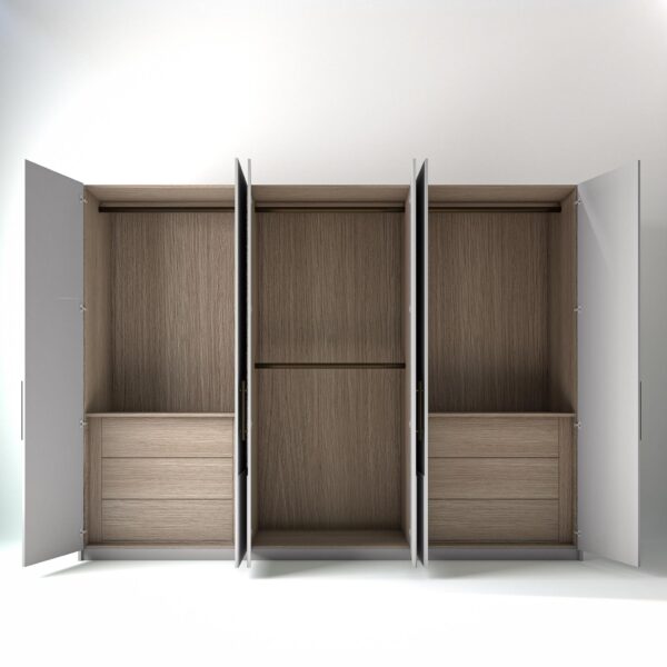 3 metre white coloured freestanding wardrobe by On-Trend Wardrobes, all doors a open showing oak internals with a mix of hanging rails and drawer units