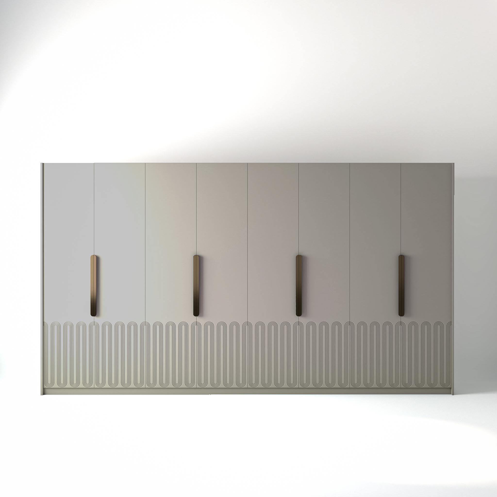 4 metre grey painted freestanding wardrobe by On-Trend Wardrobes, with Geo Miami door design and Bronze Handles in a white studio setting