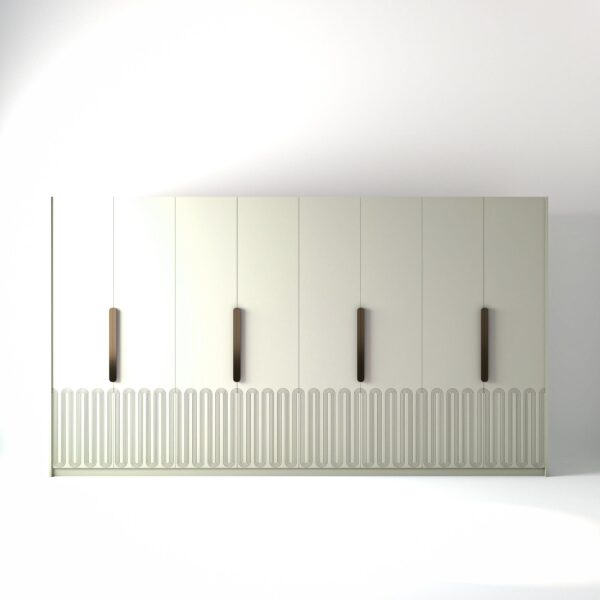 4 metre off-white painted freestanding wardrobe by On-Trend Wardrobes, with Geo Miami door design and Bronze Handles in a white studio setting