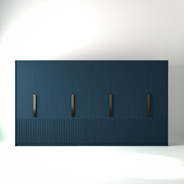 4 metre blue painted freestanding wardrobe by On-Trend Wardrobes, with Geo Miami door design and Bronze Handles in a white studio setting