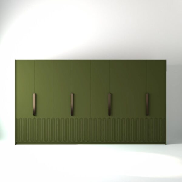 4 metre olive painted freestanding wardrobe by On-Trend Wardrobes, with Geo Miami door design and Bronze Handles in a white studio setting