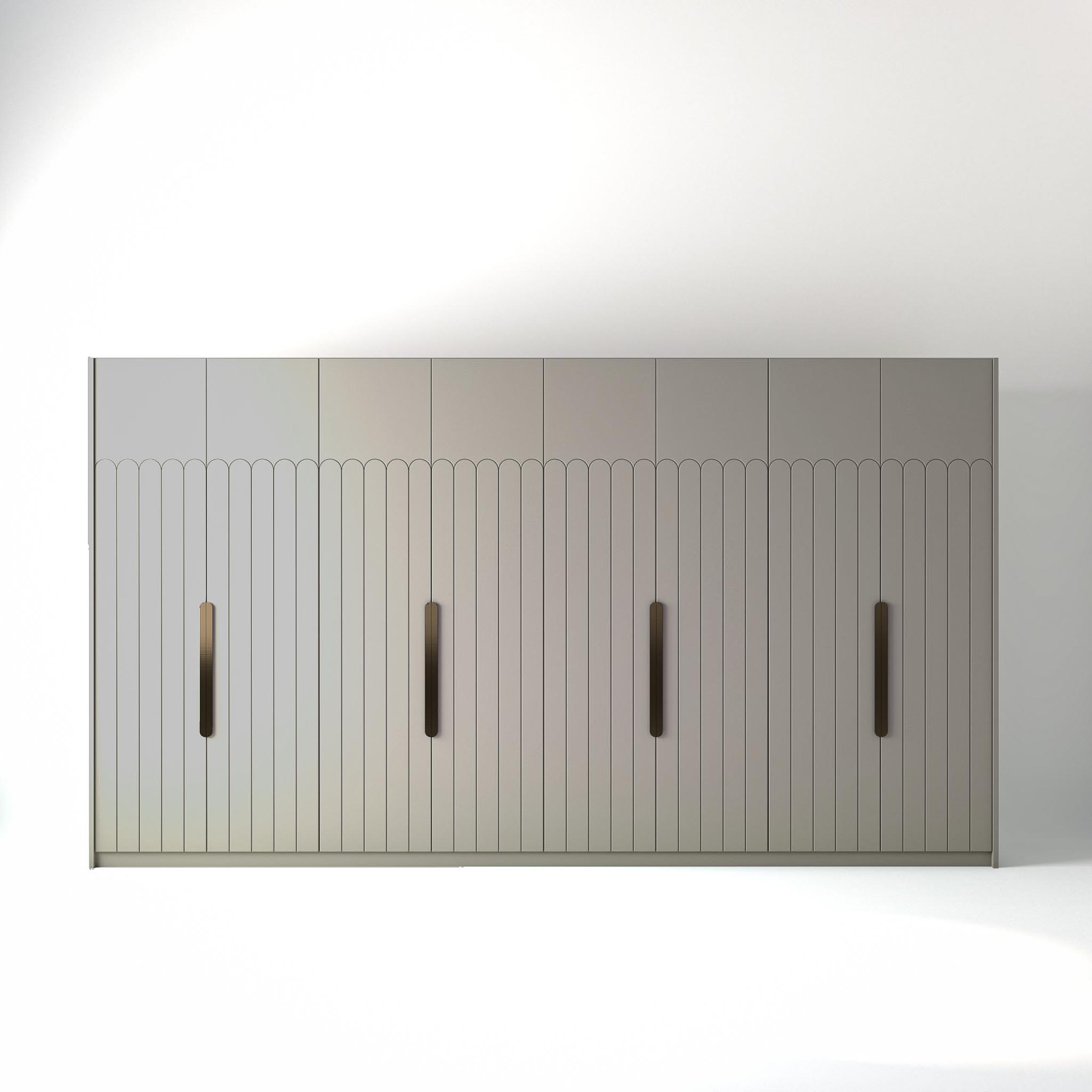 4 metre grey painted freestanding wardrobe by On-Trend Wardrobes, with Geo Deco door design and Bronze Handles in a white studio setting
