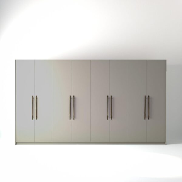 4 metre grey painted freestanding wardrobe by On-Trend Wardrobes, with flat panel door design and Bronze Handles in a white studio setting
