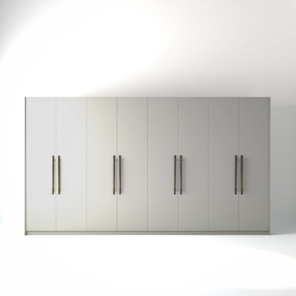 4 metre light grey painted freestanding wardrobe by On-Trend Wardrobes, with flat panel door design and Bronze Handles in a white studio setting