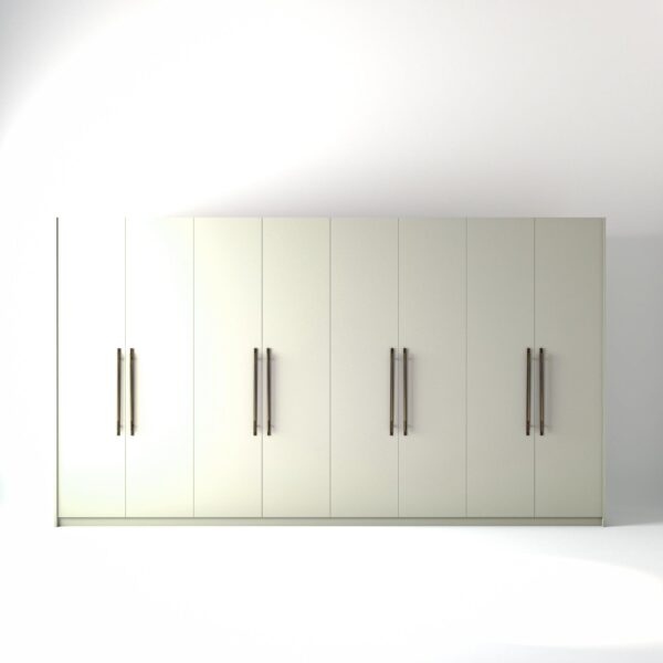 4 metre off-white painted freestanding wardrobe by On-Trend Wardrobes, with flat panel door design and Bronze Handles in a white studio setting
