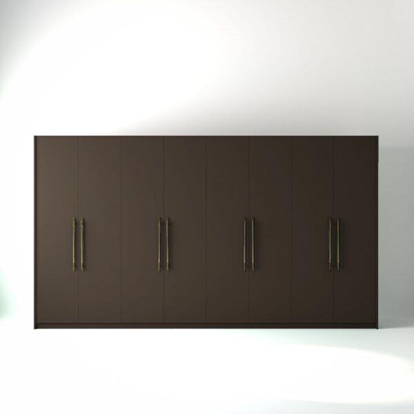 4 metre clay painted freestanding wardrobe by On-Trend Wardrobes, with flat panel door design and Bronze Handles in a white studio setting