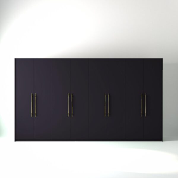 4 metre plum painted freestanding wardrobe by On-Trend Wardrobes, with flat panel door design and Bronze Handles in a white studio setting
