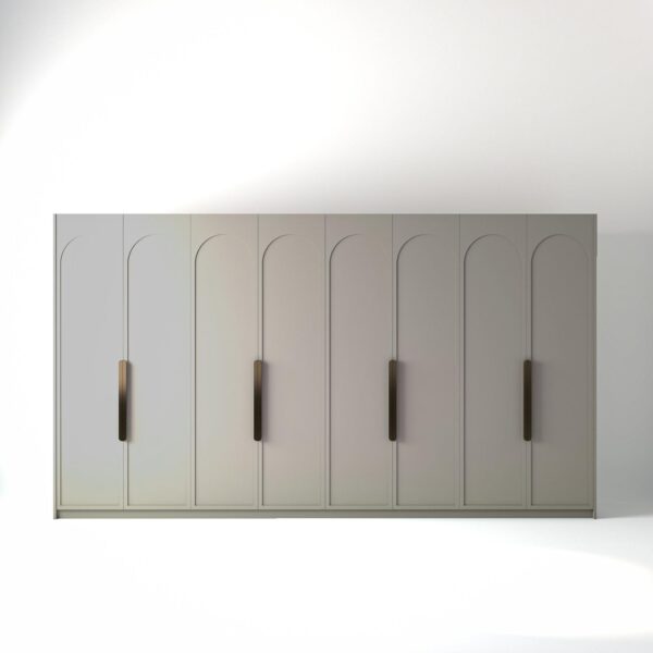 4 metre grey painted freestanding wardrobe by On-Trend Wardrobes, with arched shaker door design and Bronze Handles in a white studio setting