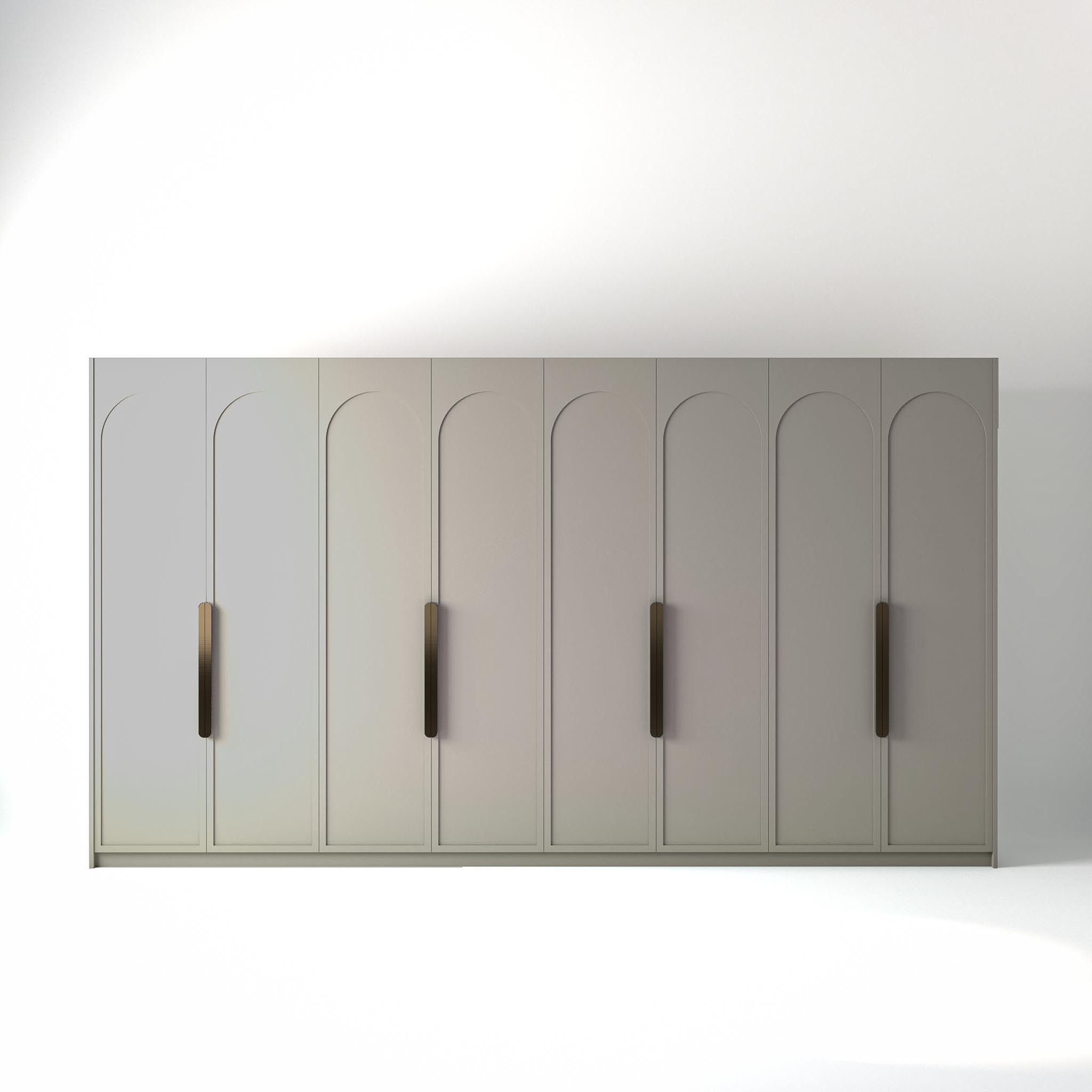 4 metre grey painted freestanding wardrobe by On-Trend Wardrobes, with arched shaker door design and Bronze Handles in a white studio setting