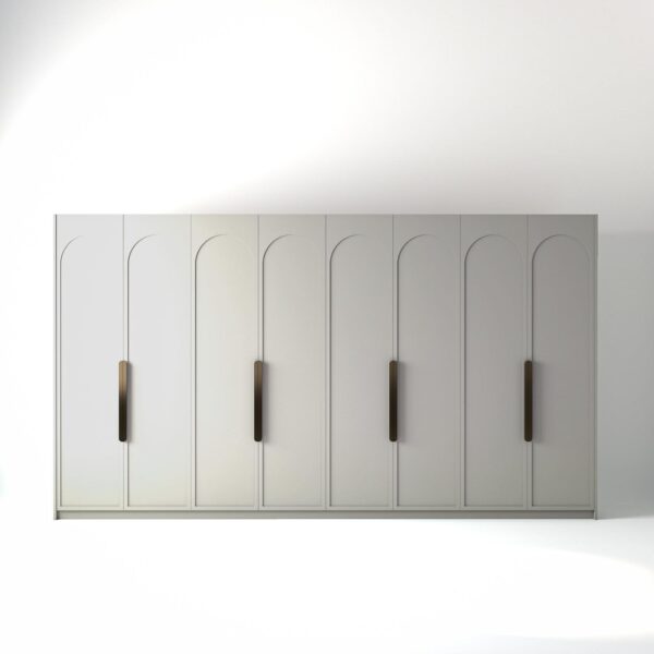 4 metre light grey painted freestanding wardrobe by On-Trend Wardrobes, with arched shaker door design and Bronze Handles in a white studio setting