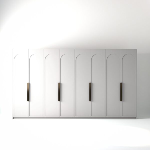 4 metre white painted freestanding wardrobe by On-Trend Wardrobes, with arched shaker door design and Bronze Handles in a white studio setting