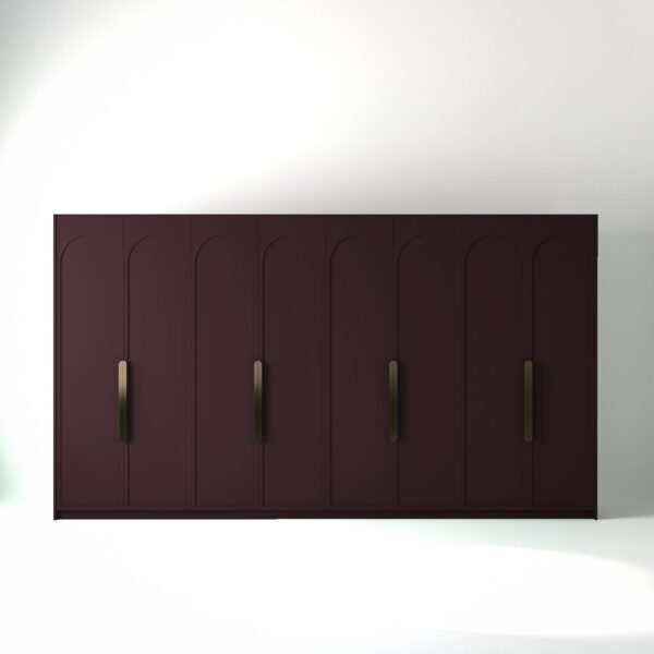 4 metre wine painted freestanding wardrobe by On-Trend Wardrobes, with arched shaker door design and Bronze Handles in a white studio setting