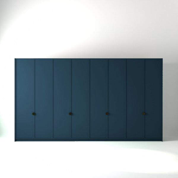 4 metre blue painted freestanding wardrobe by On-Trend Wardrobes, with modern shaker door design and Bronze Handles in a white studio setting
