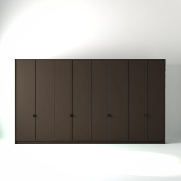 4 metre clay painted freestanding wardrobe by On-Trend Wardrobes, with modern shaker door design and Bronze Handles in a white studio setting