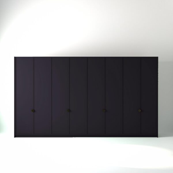 4 metre plum painted freestanding wardrobe by On-Trend Wardrobes, with modern shaker door design and Bronze Handles in a white studio setting