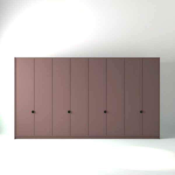 4 metre blush pink painted freestanding wardrobe by On-Trend Wardrobes, with modern shaker door design and Bronze Handles in a white studio setting