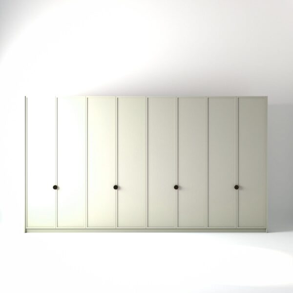 4 metre off-white painted freestanding wardrobe by On-Trend Wardrobes, with modern shaker door design and Bronze Handles in a white studio setting