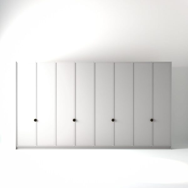 4 metre white painted freestanding wardrobe by On-Trend Wardrobes, with modern shaker door design and Bronze Handles in a white studio setting